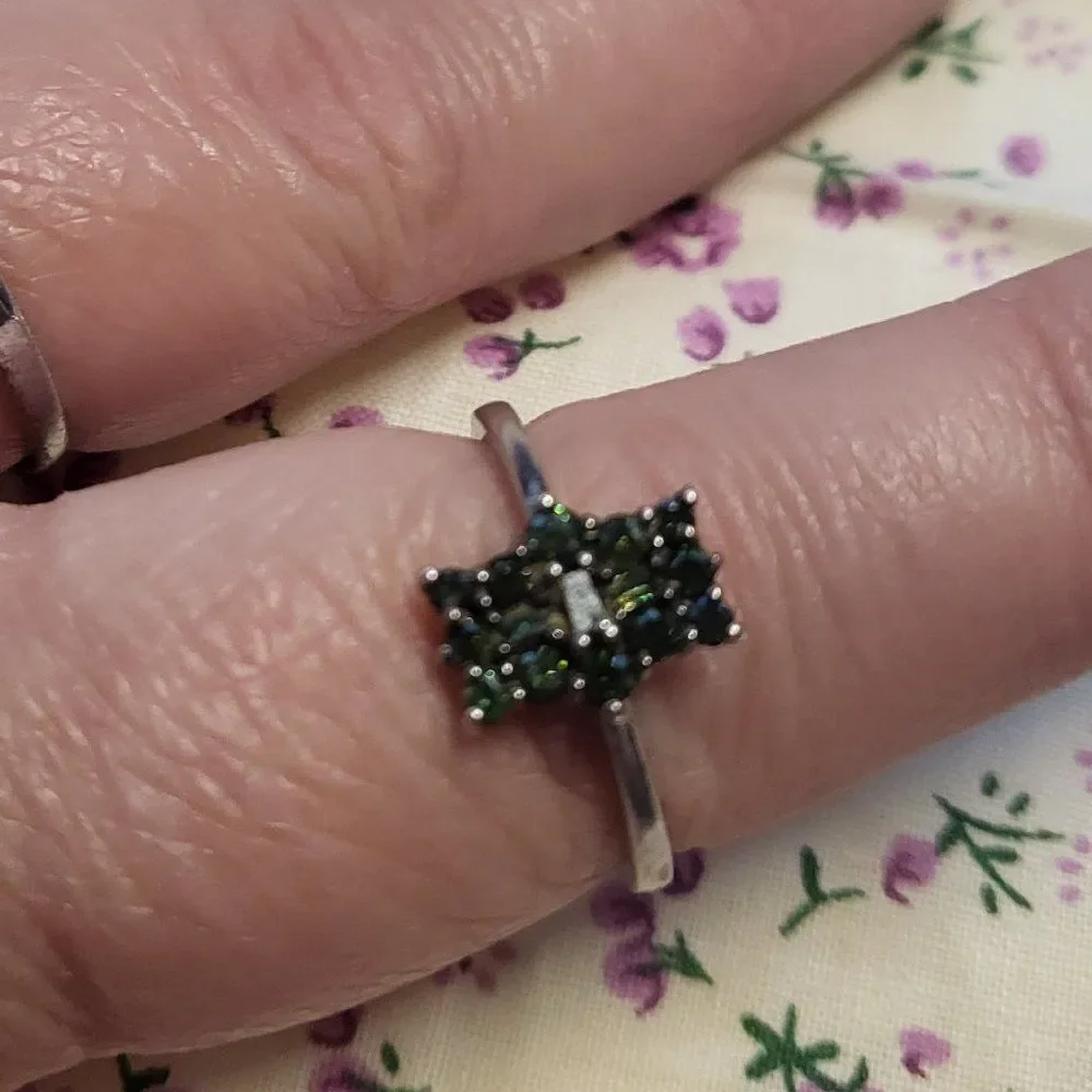Green Diamond Small Elongated Cluster Sterling Silver Ring